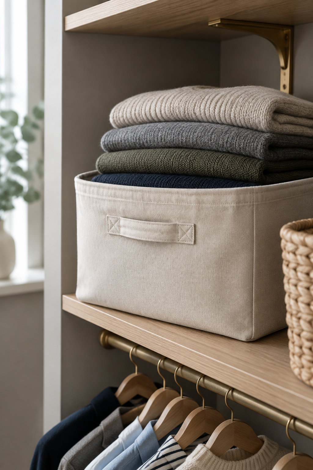Labeled canvas storage bin of folded sweaters on a closet shelf during a seasonal wardrobe swap