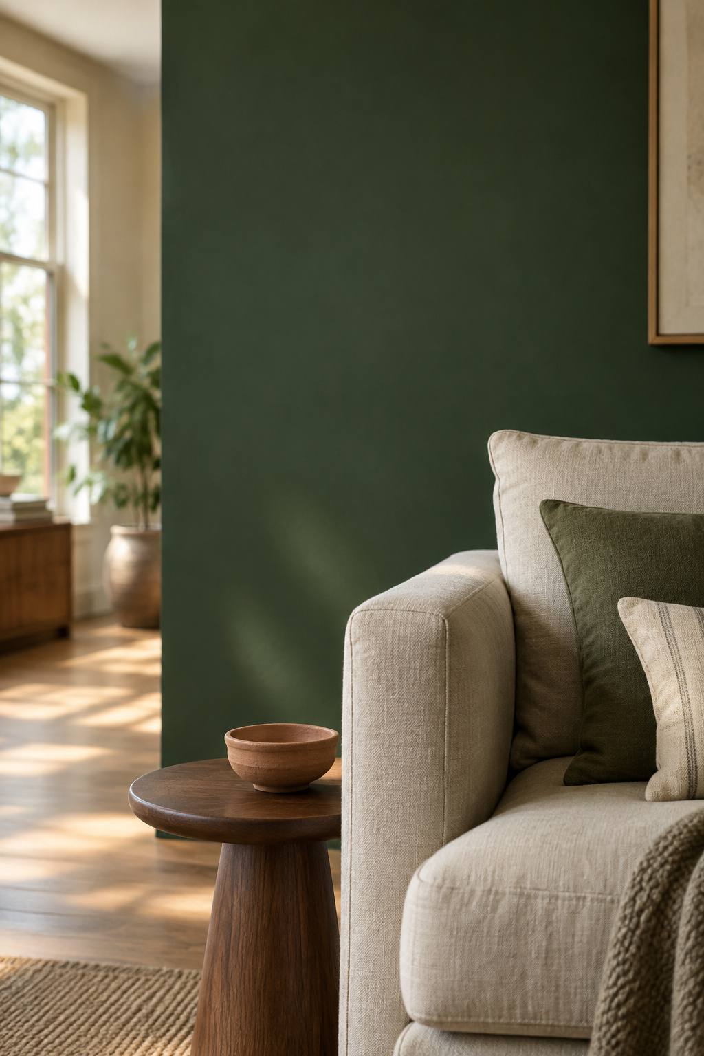 Deep warm bottle-green living room wall behind a linen sofa corner in daylight, styled with terracotta and walnut