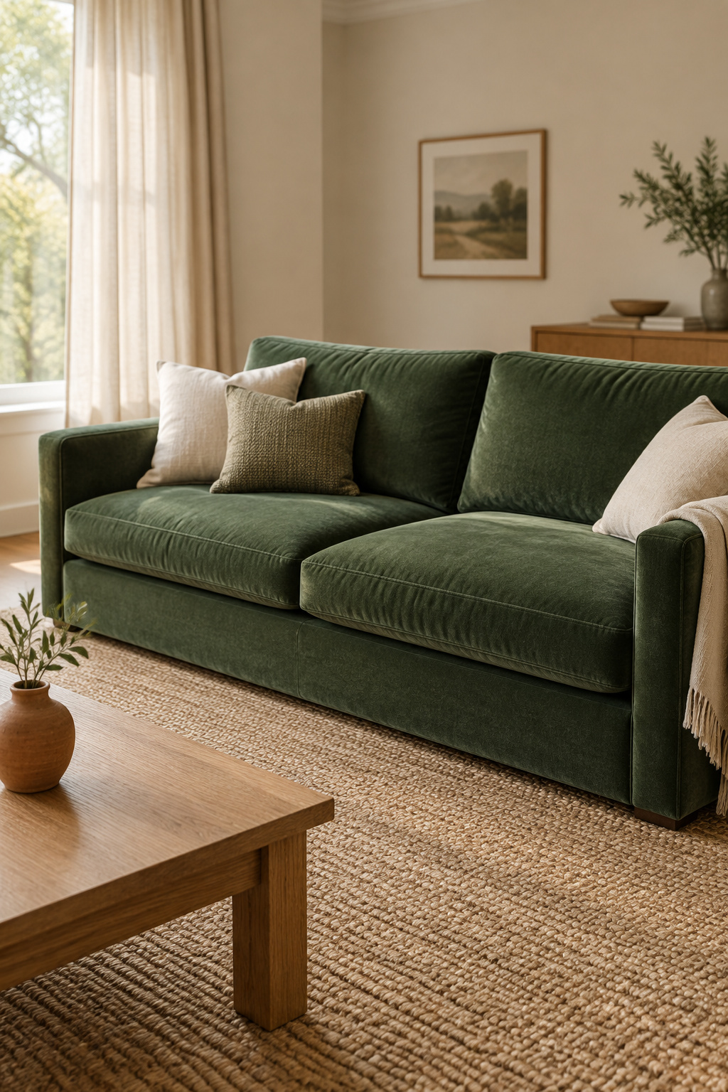 Living room with a deep green velvet sofa, warm oatmeal walls, jute rug and linen curtains in daylight