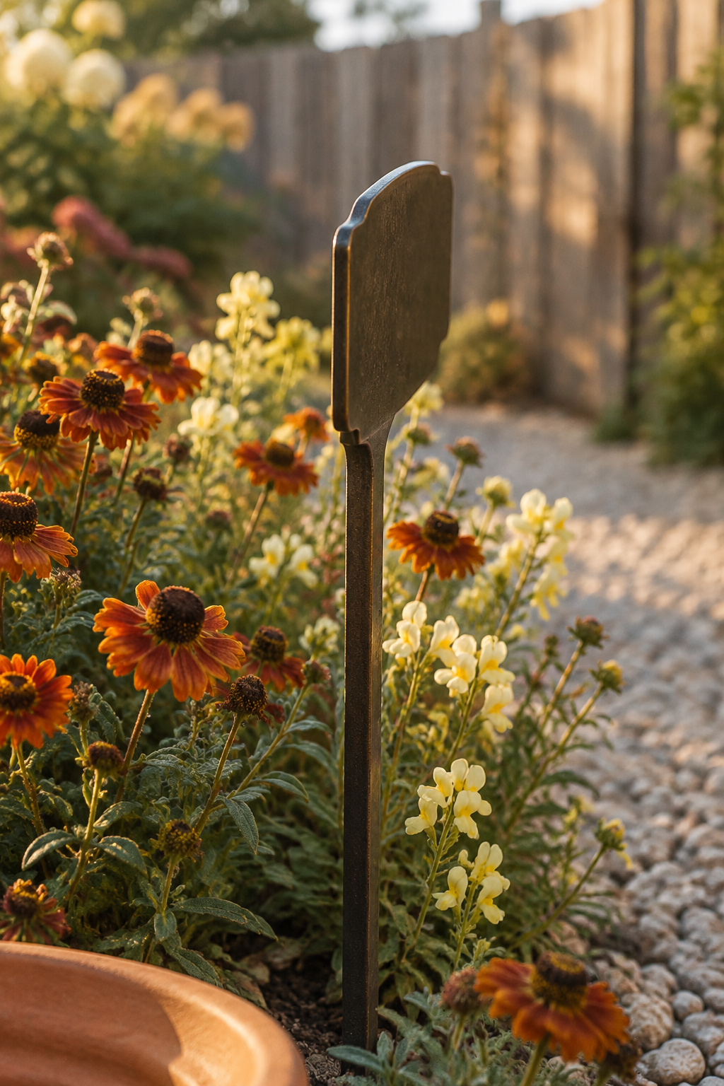 Close view of a blank garden marker seen edge-on among rust and butterscotch blooms near a gravel path