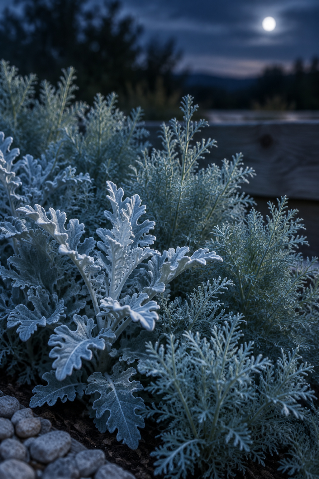 Silvery, feathery dusty miller and artemisia foliage catching the last blue-hour light at a garden bed edge