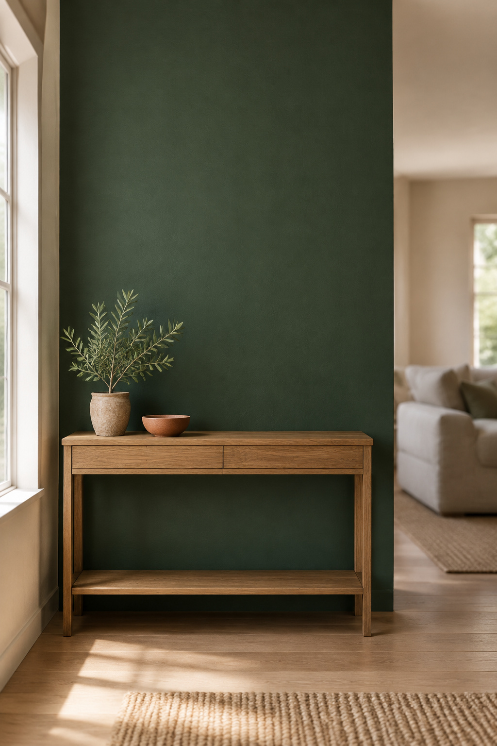 Single wall painted deep bottle-green behind a wood console table, flanked by oatmeal-colored walls