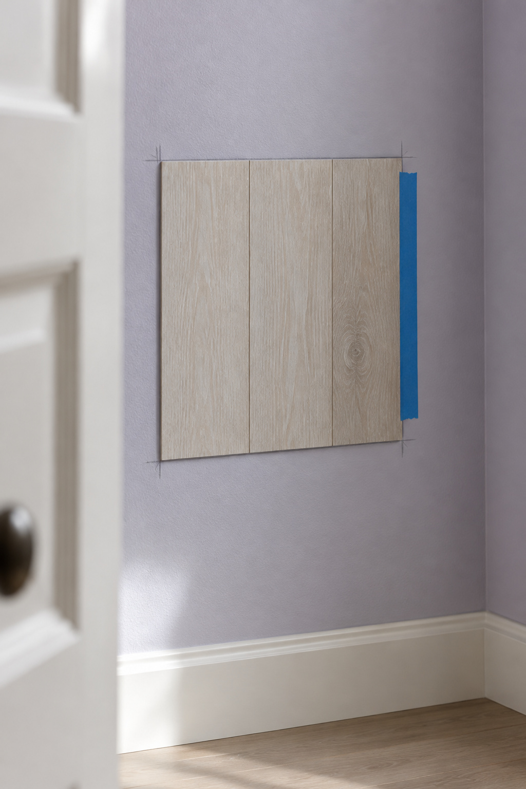 A small square plank sample stuck to a lilac grey wall in a corner behind a door with pencil marks around its edges and a strip of painter's tape