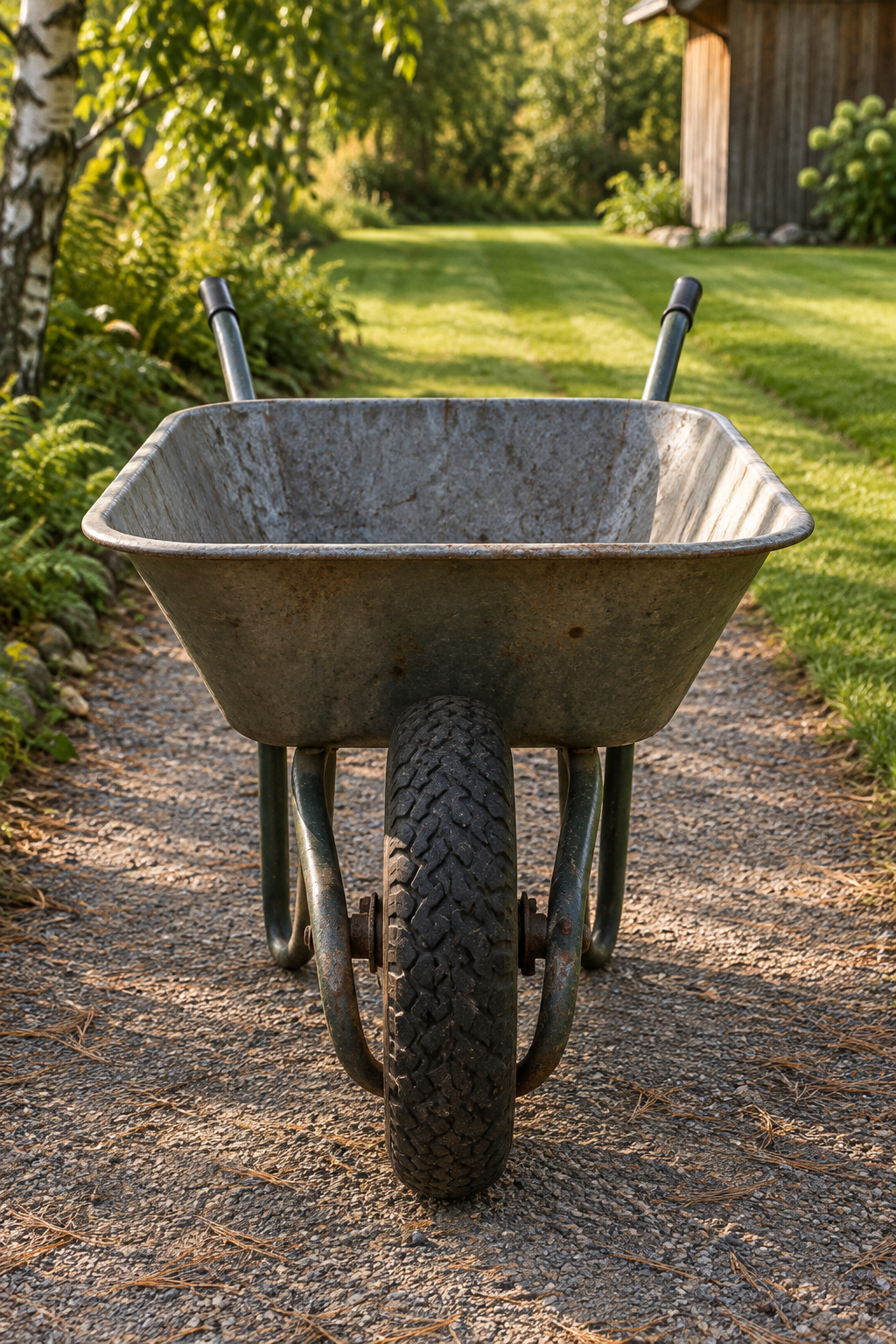 A single-wheel steel wheelbarrow standing on a compacted crushed-stone path with a clear margin of path on both sides
