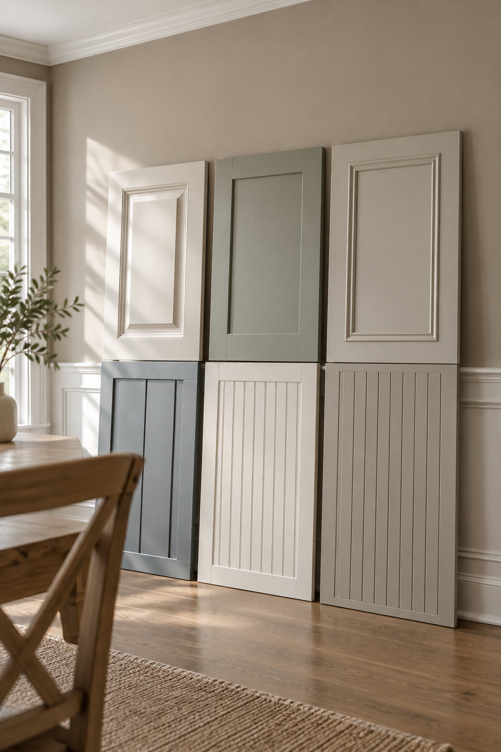 Six painted wainscoting sample boards in a grid leaning on a dining room wall, each in a different style from raised panel to slat