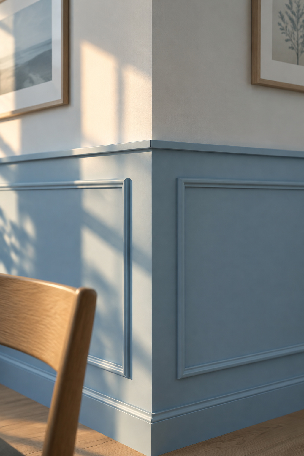 Close view of slim picture-frame moldings on a powder-blue dining room wall with thin crisp shadow lines in side light