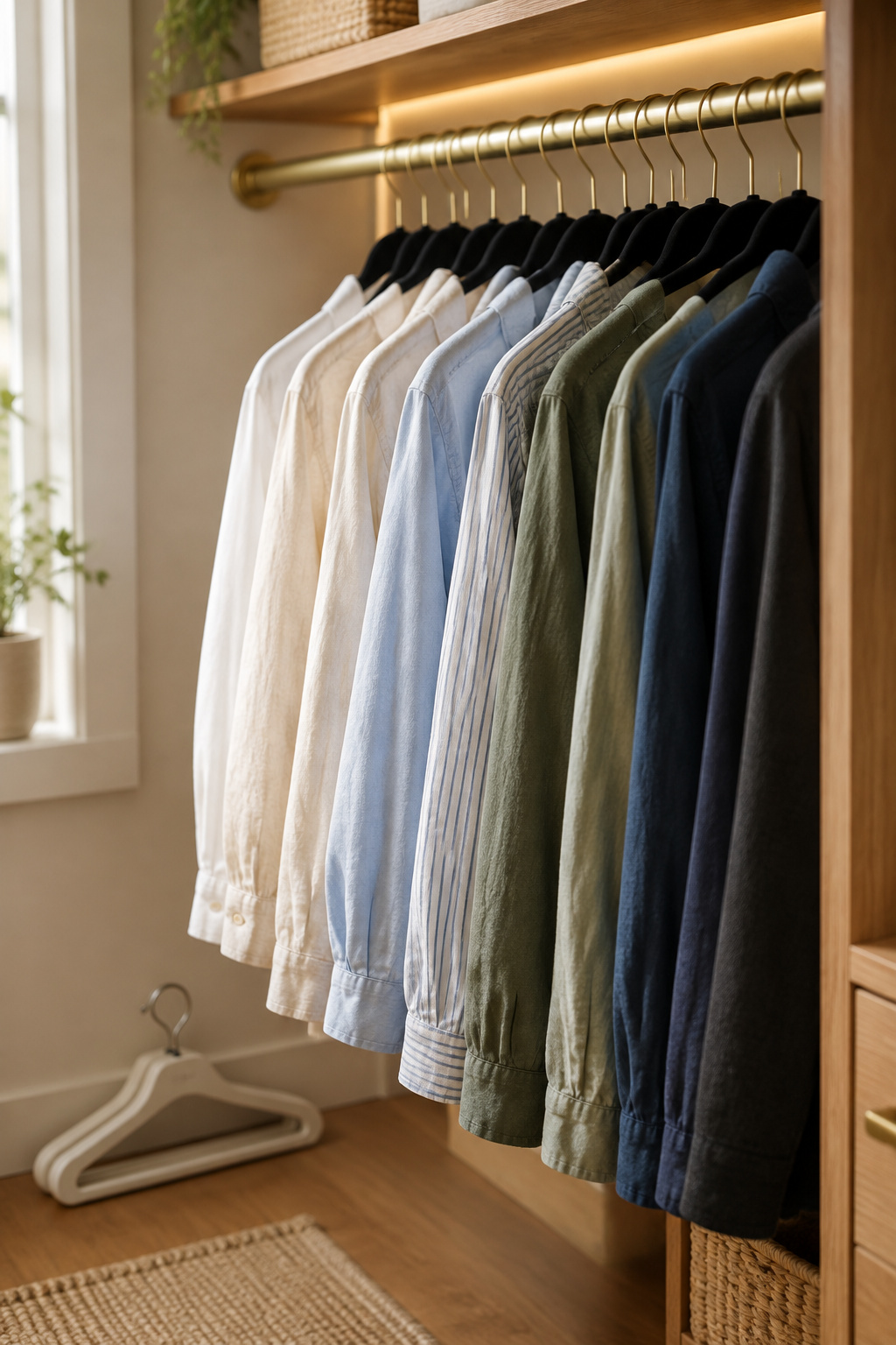 Slim black flocked hangers holding shirts closely spaced on a closet rod next to a bulky plastic hanger