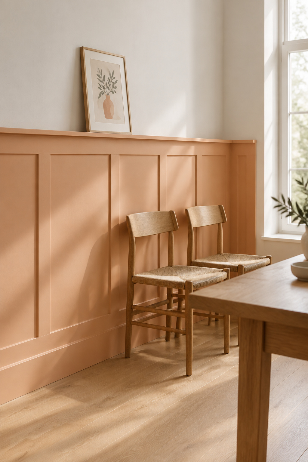 Dining room wall with apricot paneled wainscot, a narrow flat ledge cap with a single leaning framed print and wooden chairs pushed back against the wall