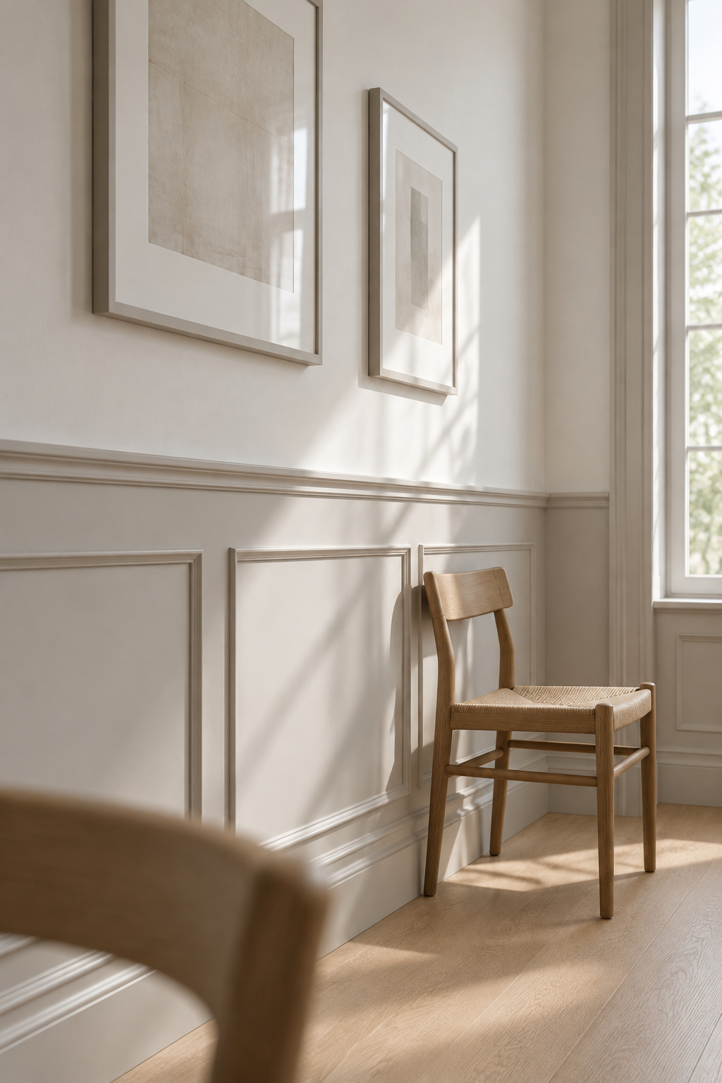 Dining room wall with slim flat picture-frame moldings in a pale mushroom tone and a plain wooden chair pushed back against it in daylight