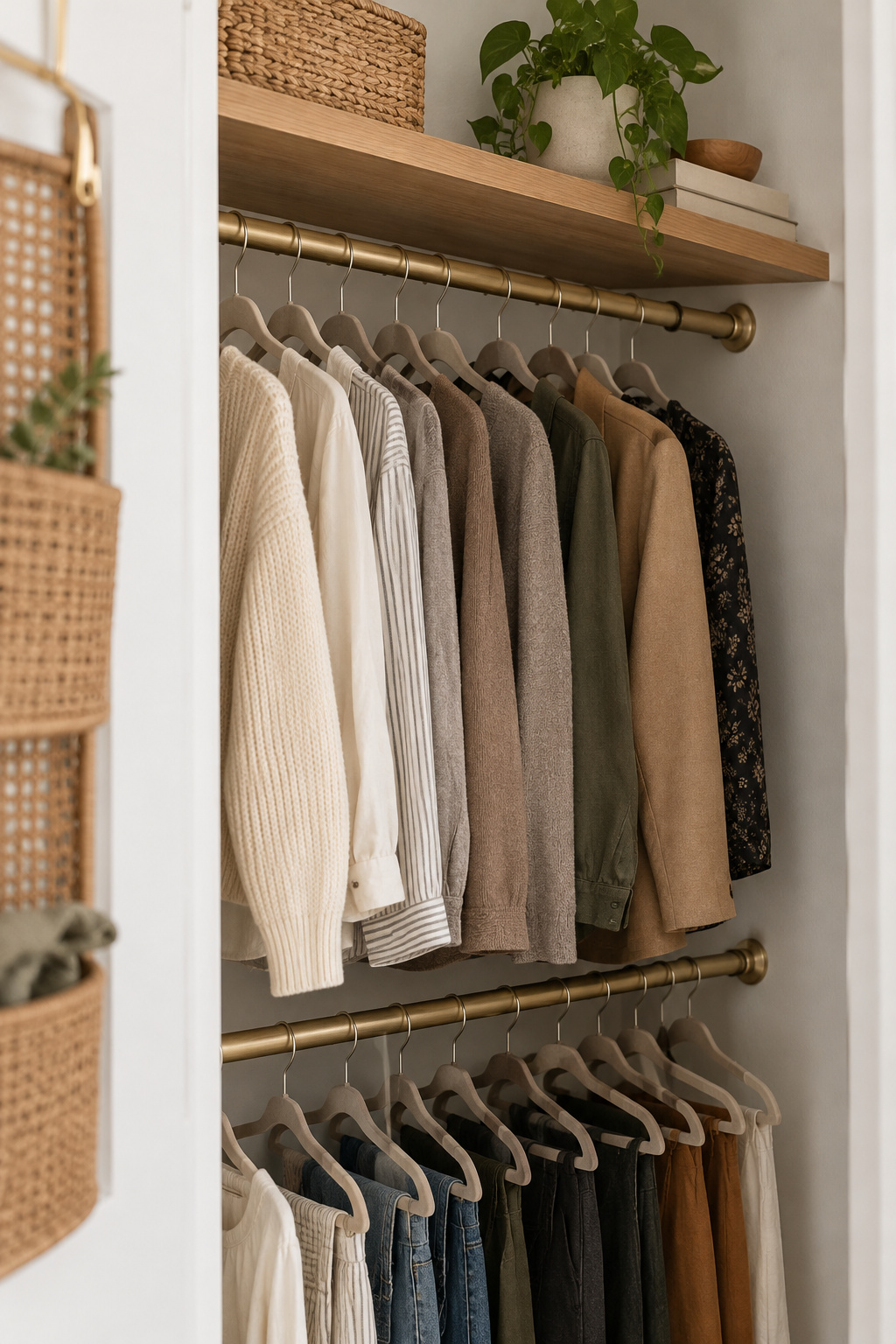Small reach-in closet with double-hung brushed brass rods, slimline hangers holding real clothes, and an oak shelf above