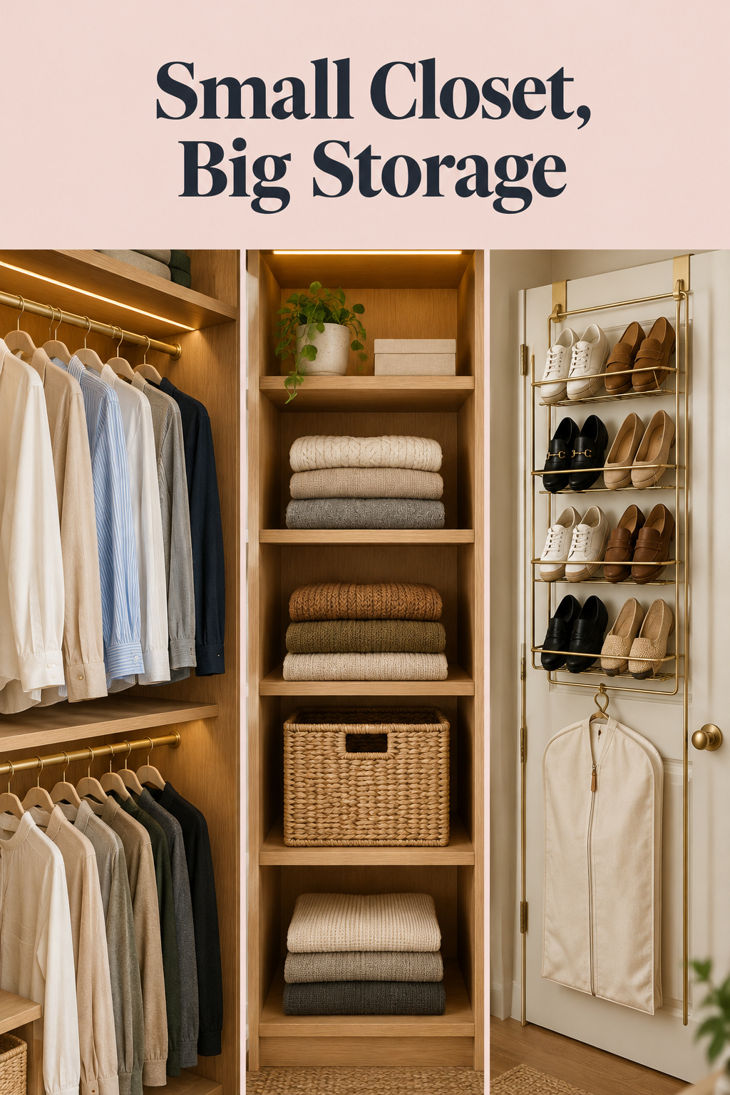 Pinterest pin collage of small closet storage ideas: double-hung rod, wall shelf and over-the-door rack