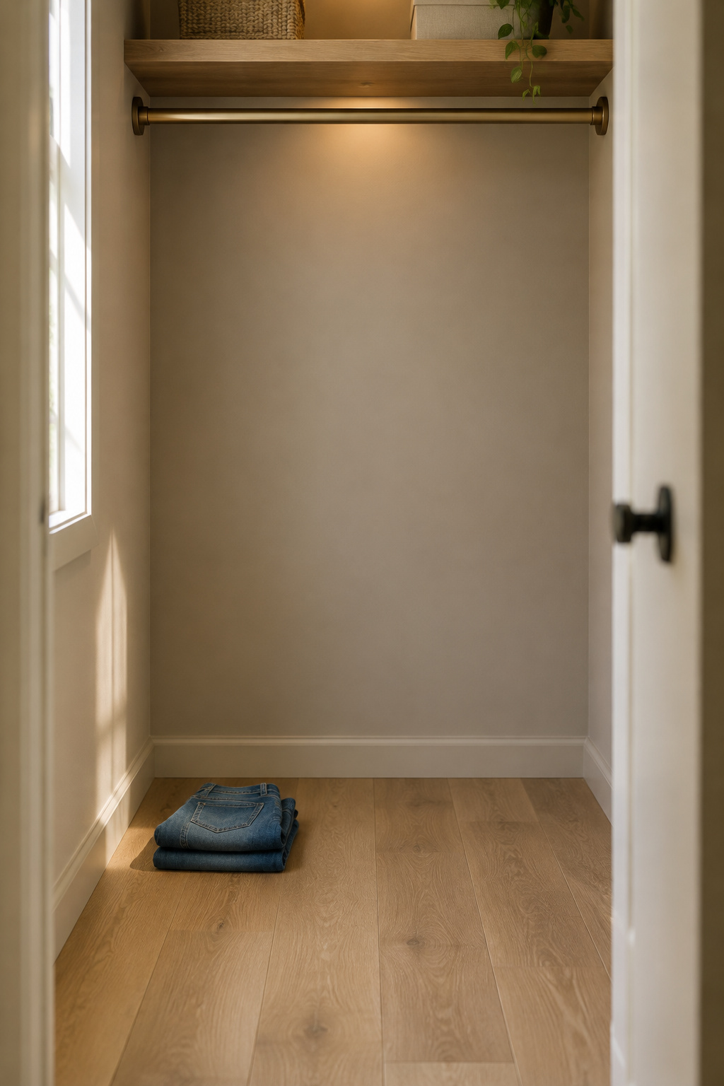 Reach-in closet with a single high rod leaving the lower half of the closet empty and unused
