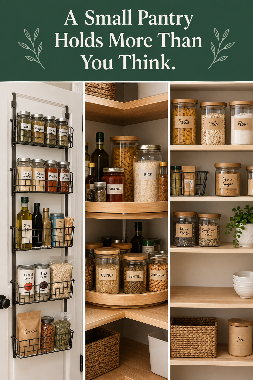 Pinterest pin collage of a pantry door rack, a corner lazy susan, and a labeled pantry shelf with the headline A Small Pantry Holds More Than You Think