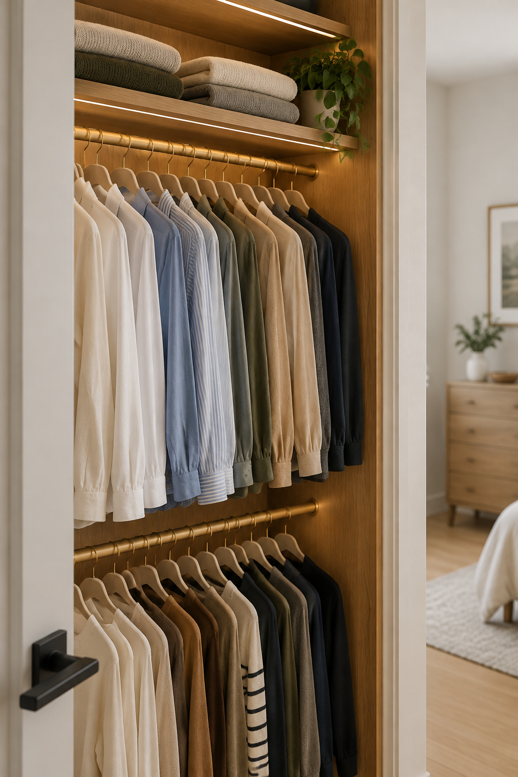 Small reach-in closet organized with double-hung oak rods, slim flocked hangers and a folded-knit shelf