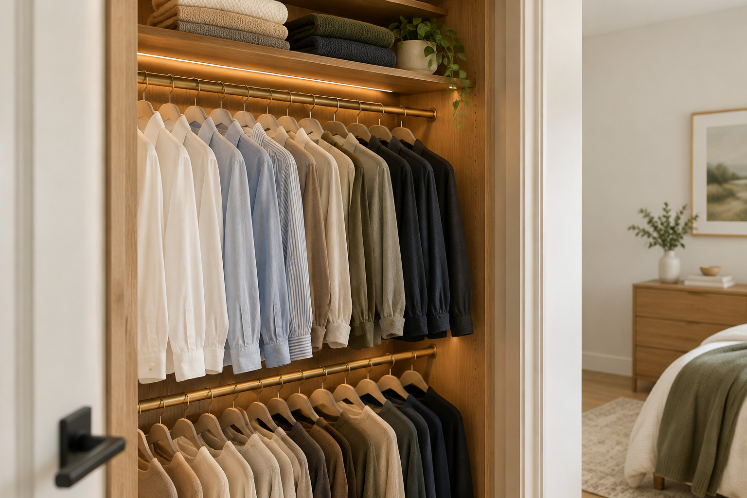 Small reach-in closet organized with double-hung oak rods, slim flocked hangers and a folded-knit shelf