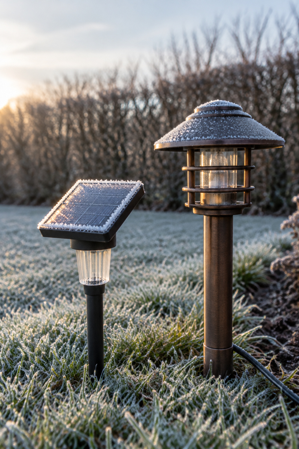 A small solar stake light with its panel catching low winter sun next to a bronze wired path light on a frosted lawn edge