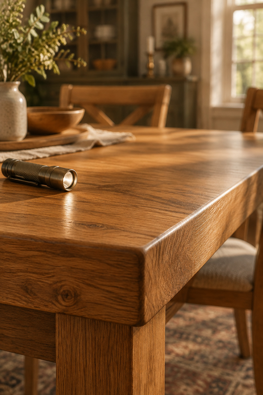 Close view along the edge of a wood dining tabletop showing continuous grain wrapping around the corner