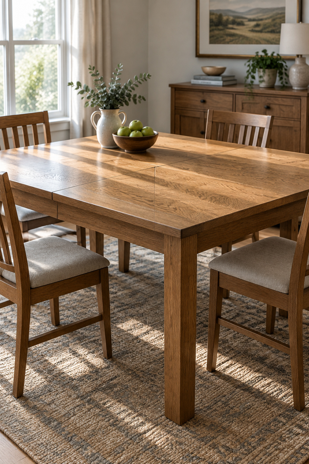 Two-tone dining table in daylight showing solid wood grain on one half and a veneer surface on the other