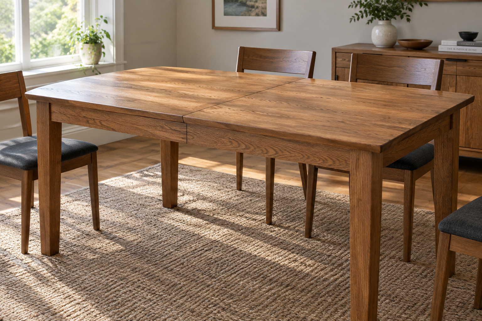 Two-tone dining table in daylight showing solid wood grain on one half and a veneer surface on the other