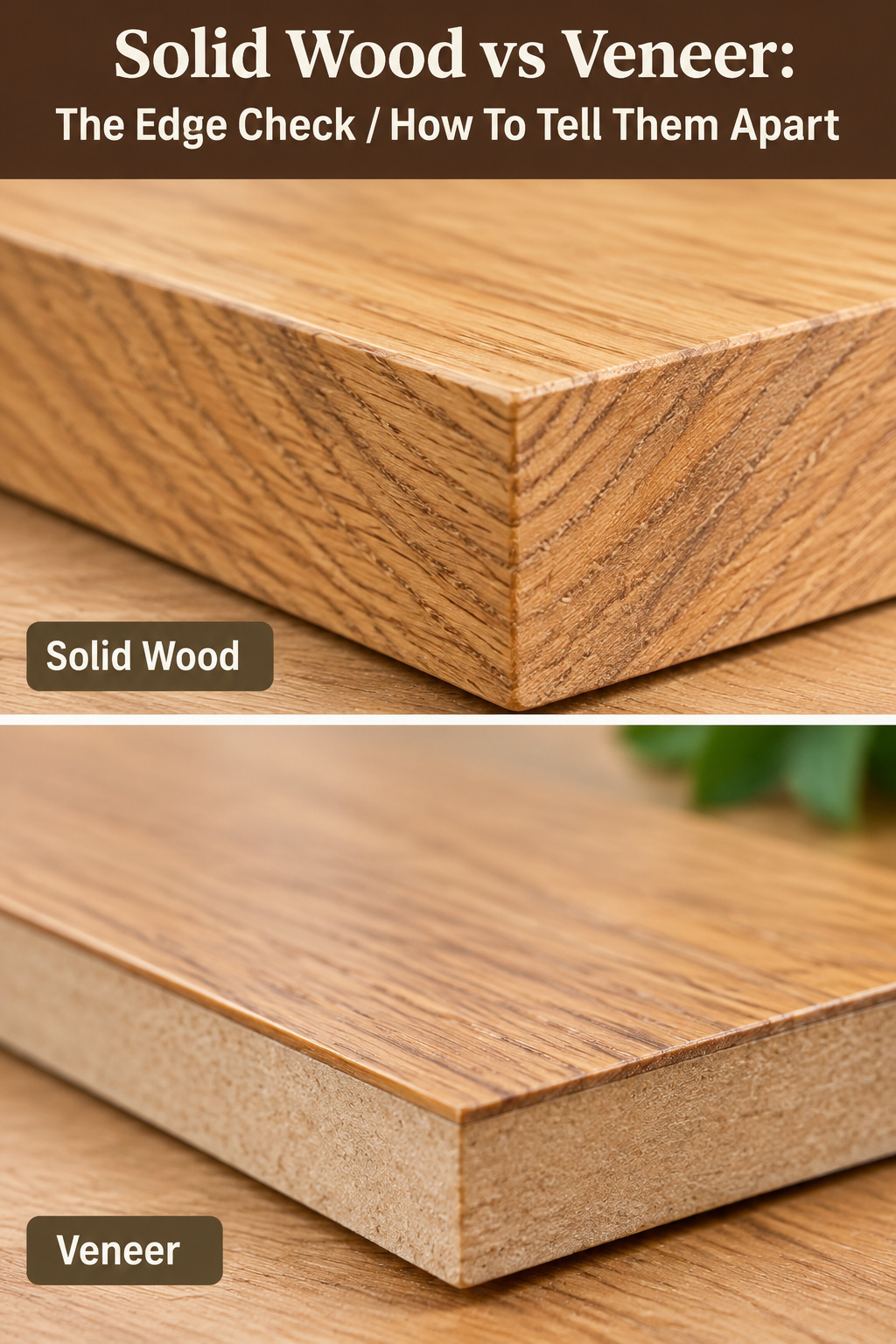 Pinterest pin comparing a solid wood tabletop edge and a veneer tabletop edge with the headline Solid Wood vs Veneer: The Edge Check