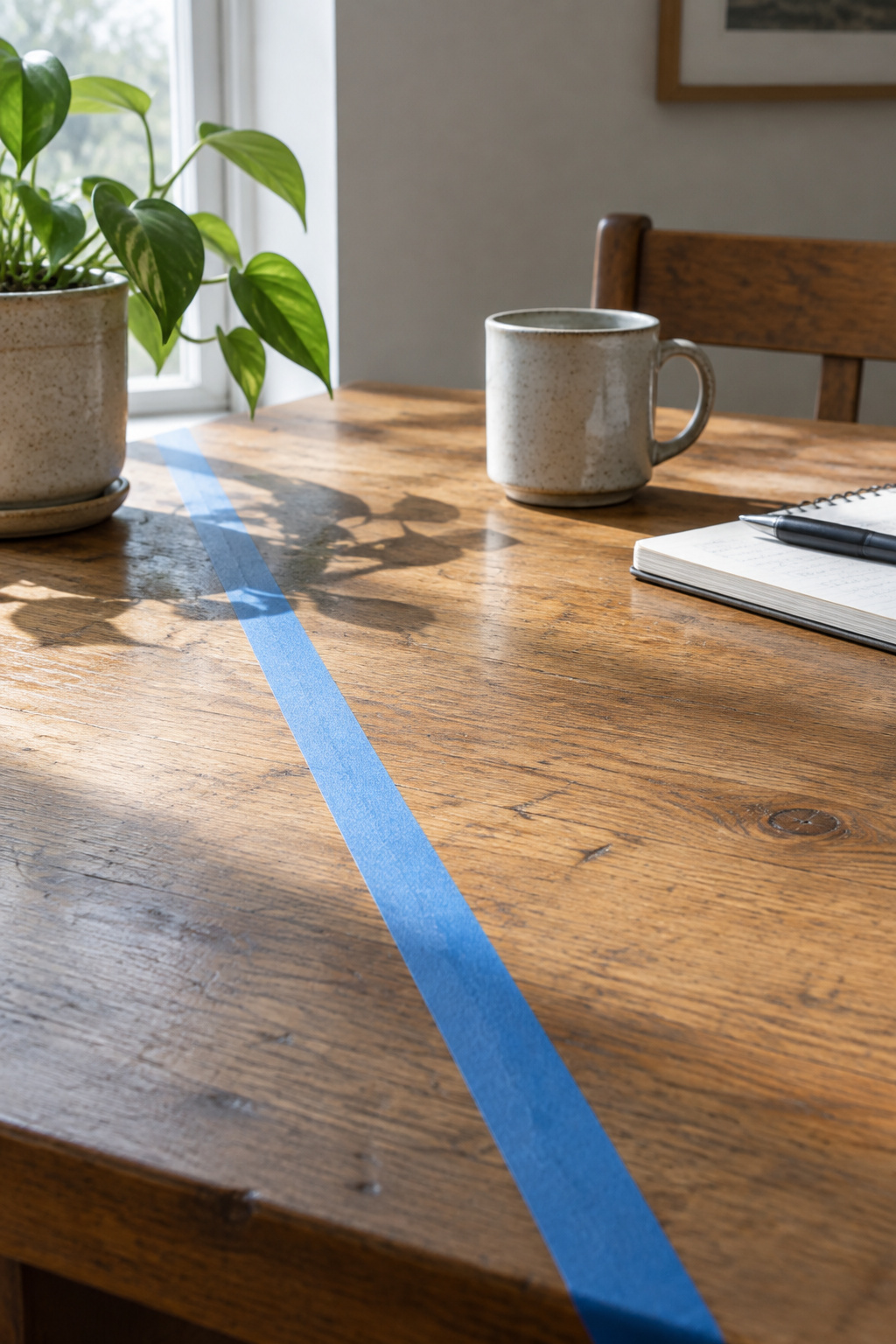 A dining tabletop half-stained with a painter's tape line marking the two-tone division