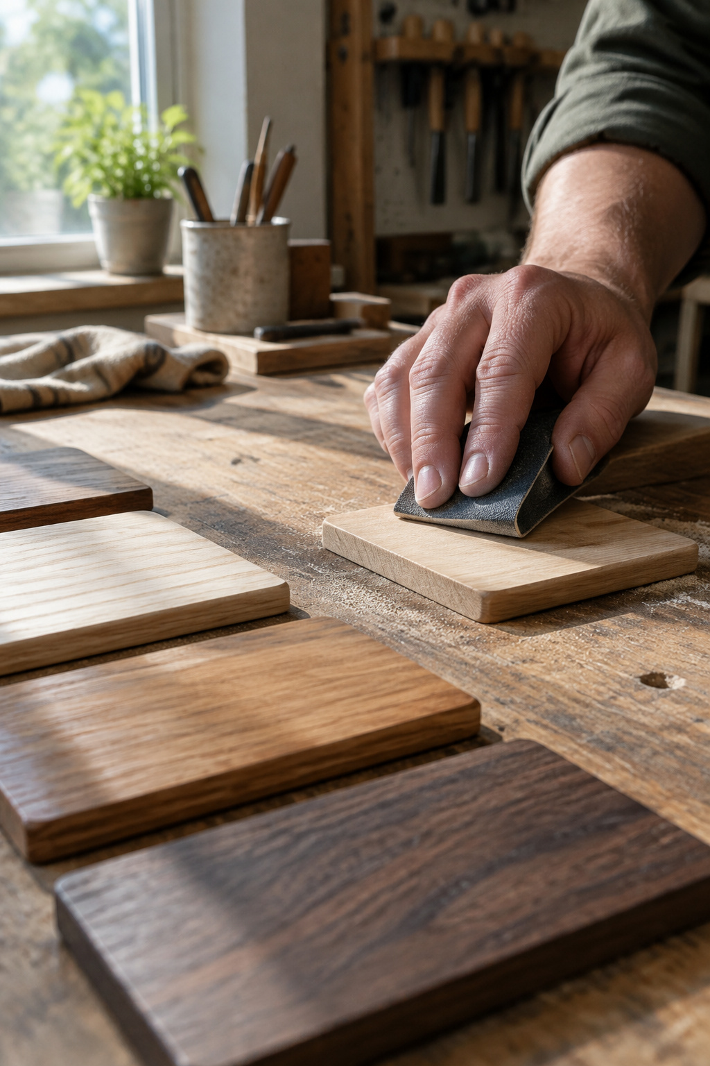 Wood species samples being sanded on a workbench to compare hardness and grain