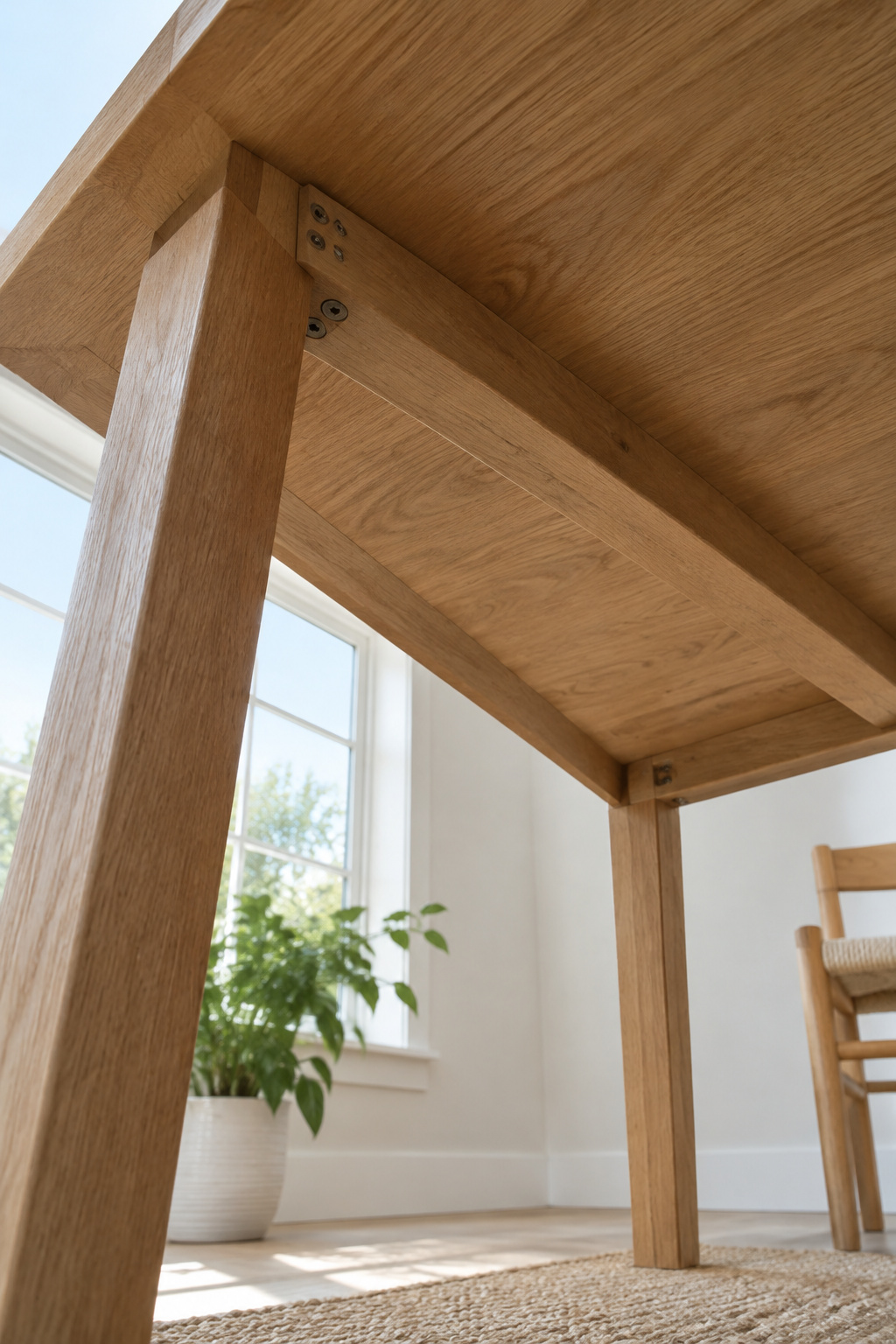 Underside of a dining table revealing plywood layers at a cut edge