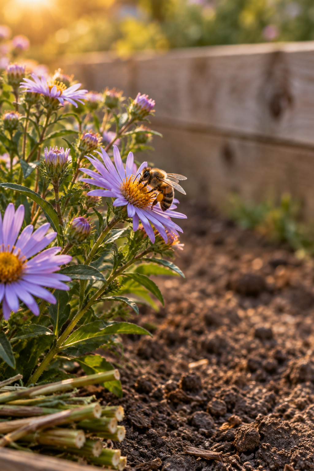 A bee foraging on a native aster bloom beside a bare soil patch and cut stem bundle in a raised cedar bed