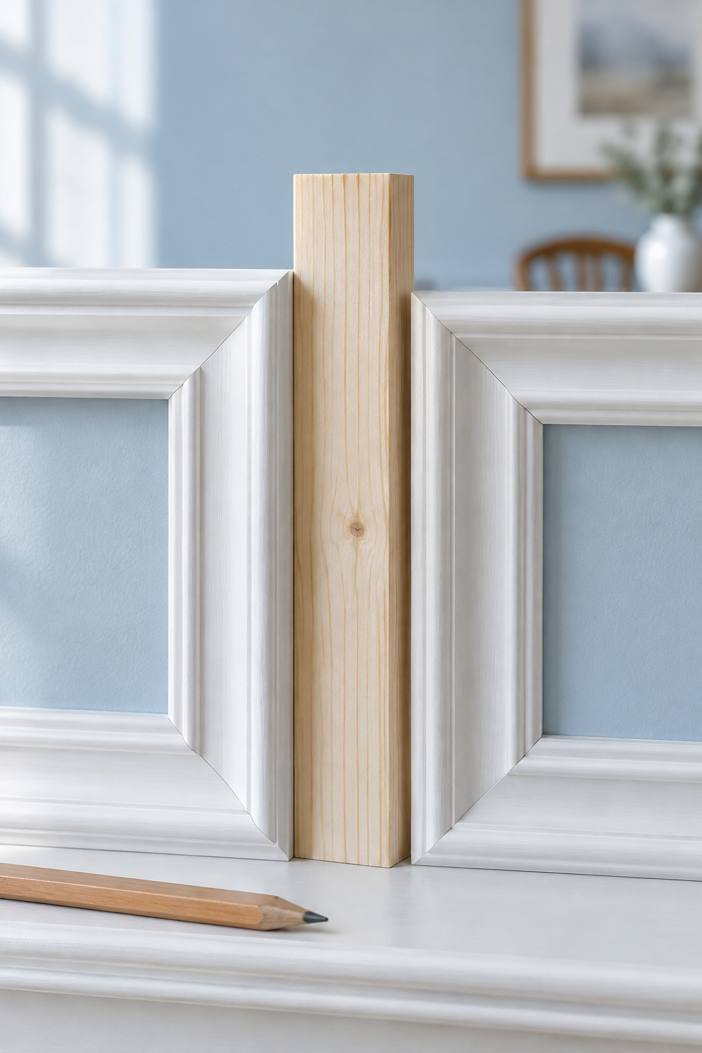 A pale pine scrap block standing in the gap between two chalk white picture frame molding boxes on a powder blue wall, with a carpenter pencil on the baseboard