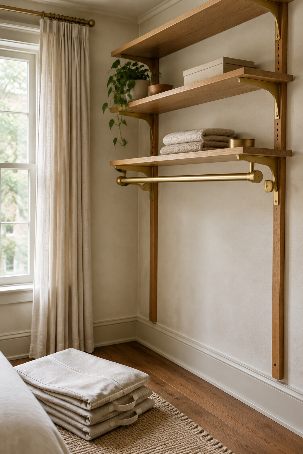Spare bedroom mid-conversion to a walk-in closet with wall-mounted oak shelving and the original window intact