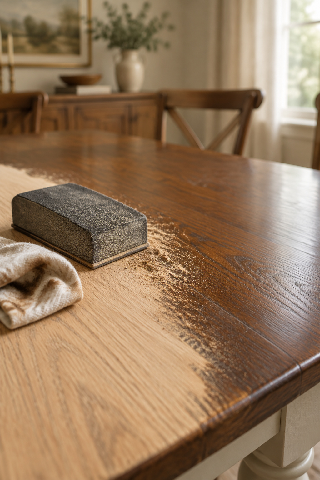 Sanding block working a worn patch on a stained tabletop, transitioning from bare wood to old finish