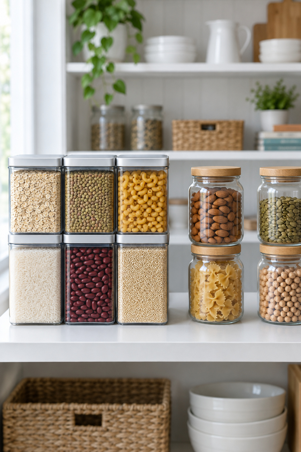Row of square glass canisters packed tightly together beside a row of round glass jars with visible gaps between them on a pantry shelf