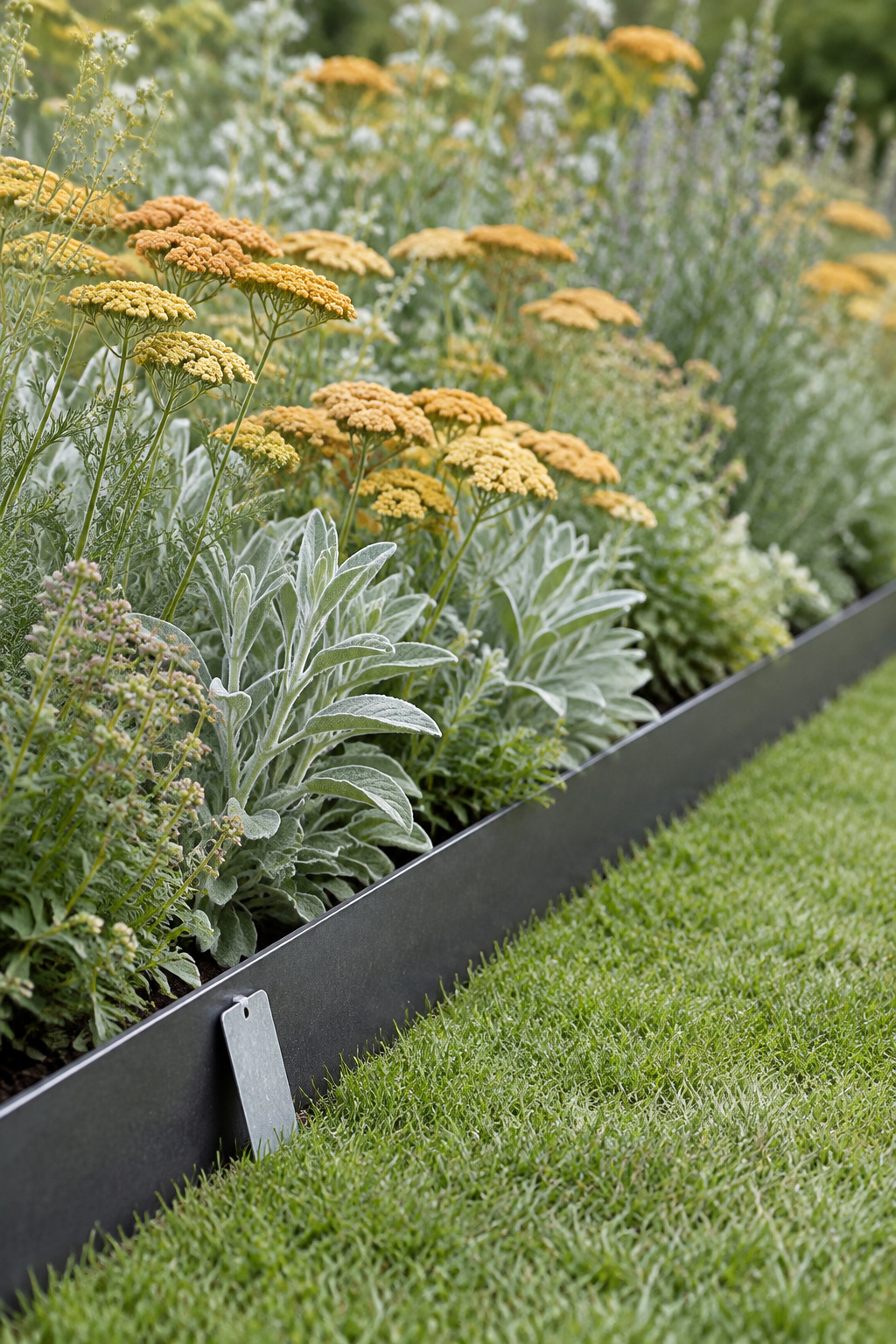 Dark steel landscape edging separating a mown grass verge from a massed grey-green and butterscotch pollinator planting
