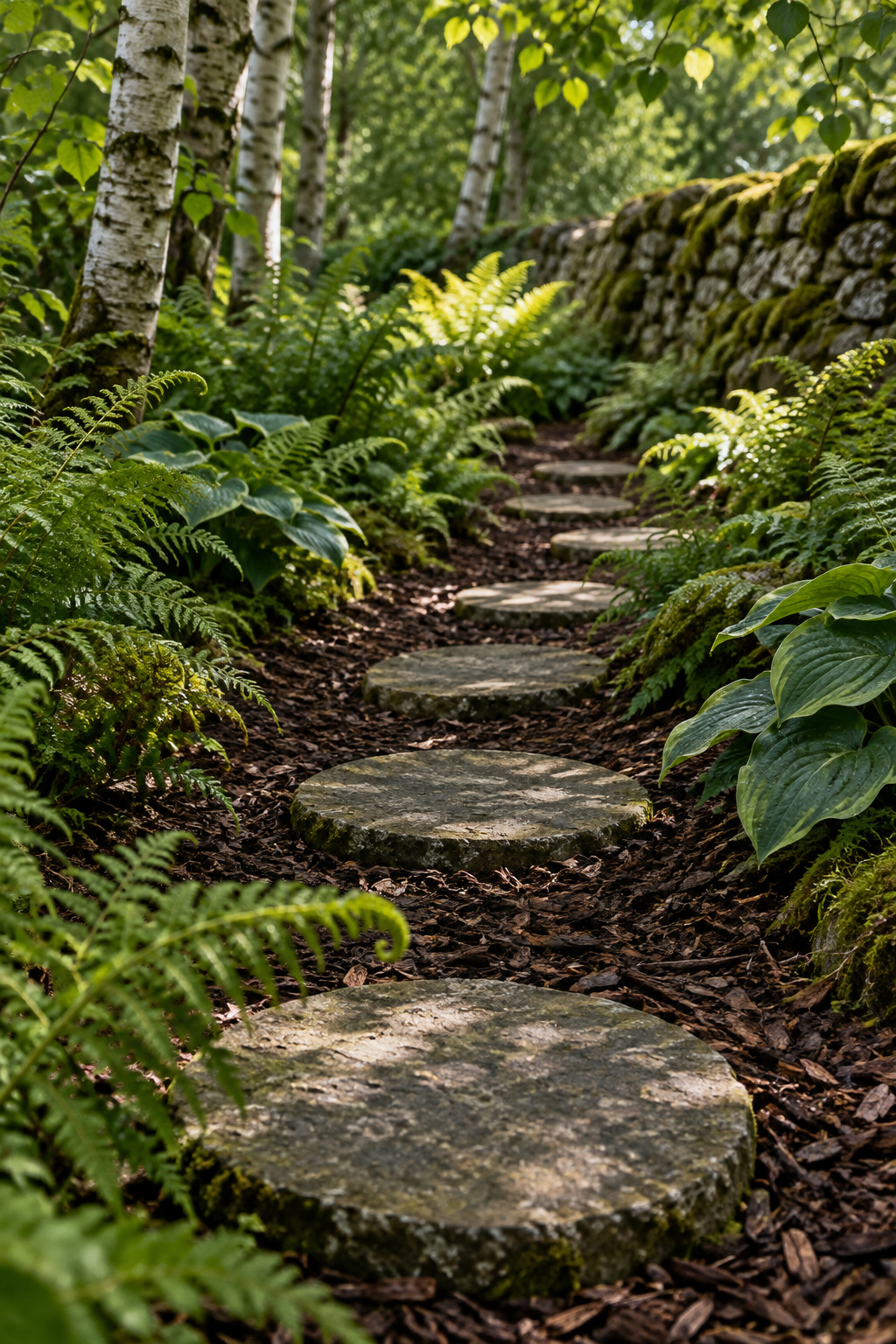 Round stone stepping pads set into a dark bark path winding through ferns and hostas under silver birches