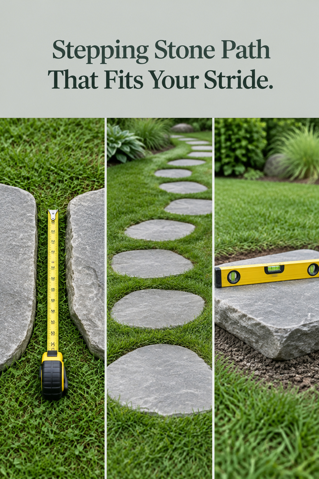 Pinterest collage of three stepping stone path views over a lichen silver band carrying the headline Stepping Stone Path That Fits Your Stride