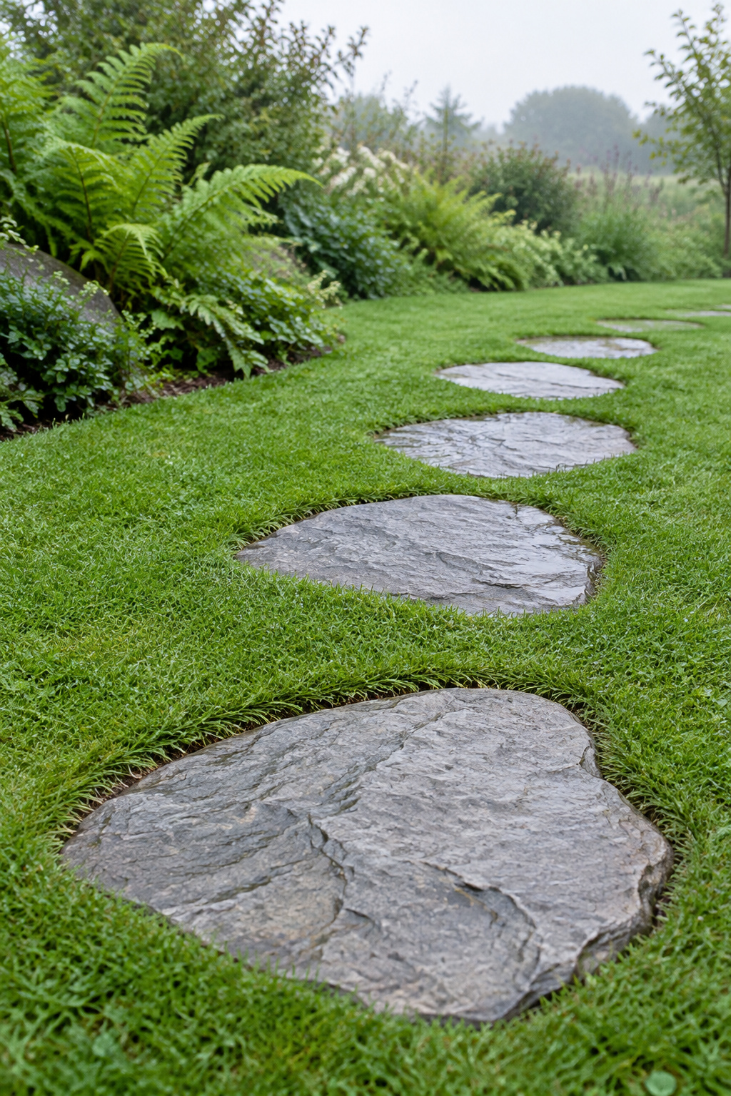 A line of irregular grey flagstone stepping stones set flush into short green lawn, curving away toward a garden border