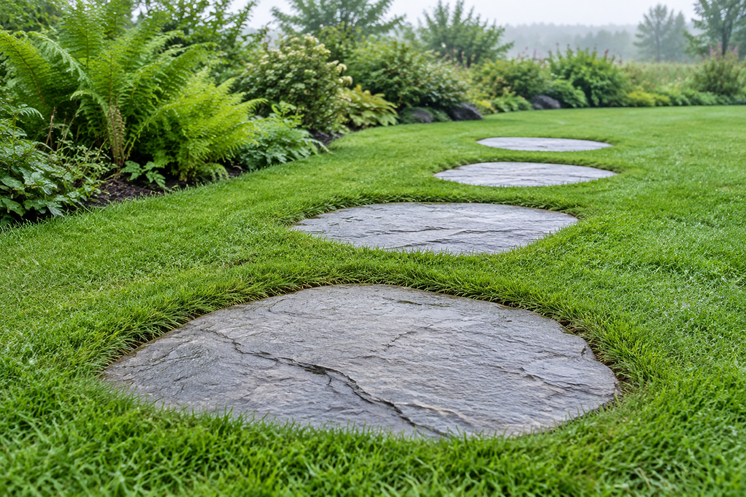 A line of irregular grey flagstone stepping stones set flush into short green lawn, curving away toward a garden border