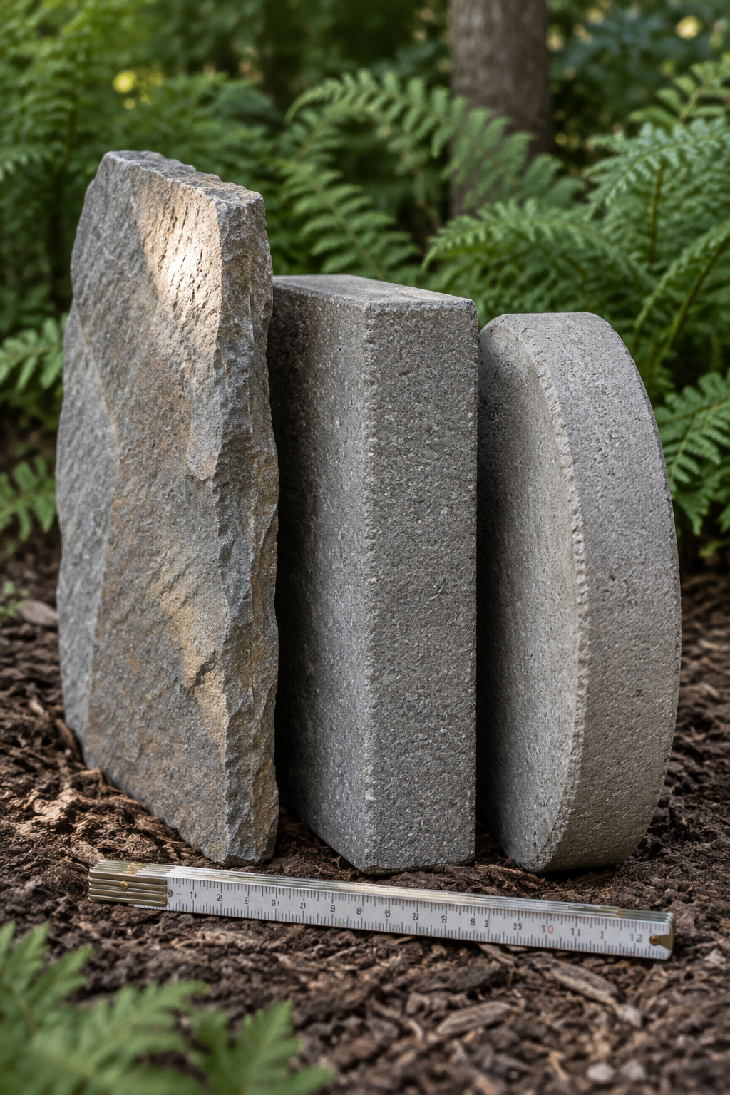 Three stepping stones stood on edge in a row on a bark mulch bed: a rough flagstone, a square paver and a round concrete disc