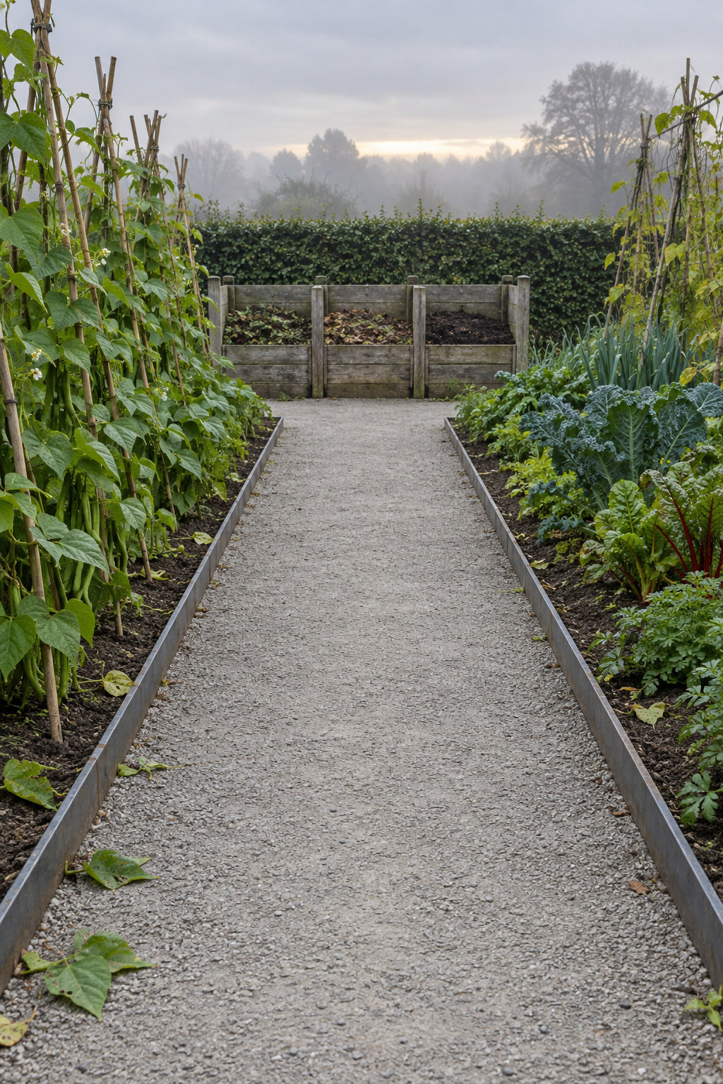 A wide straight path of packed pale fines with steel edges running between planted beds to a timber compost enclosure