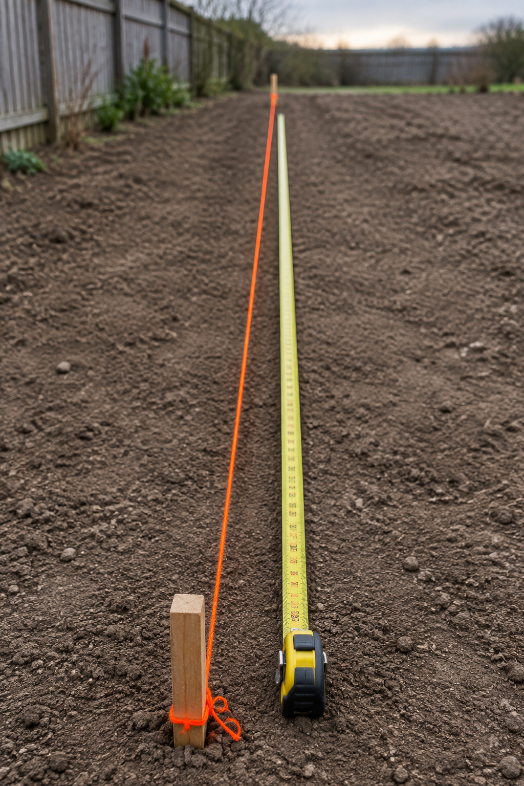 An orange string line stretched between two stakes across bare soil with a steel tape measure beside it, marking out a long path route