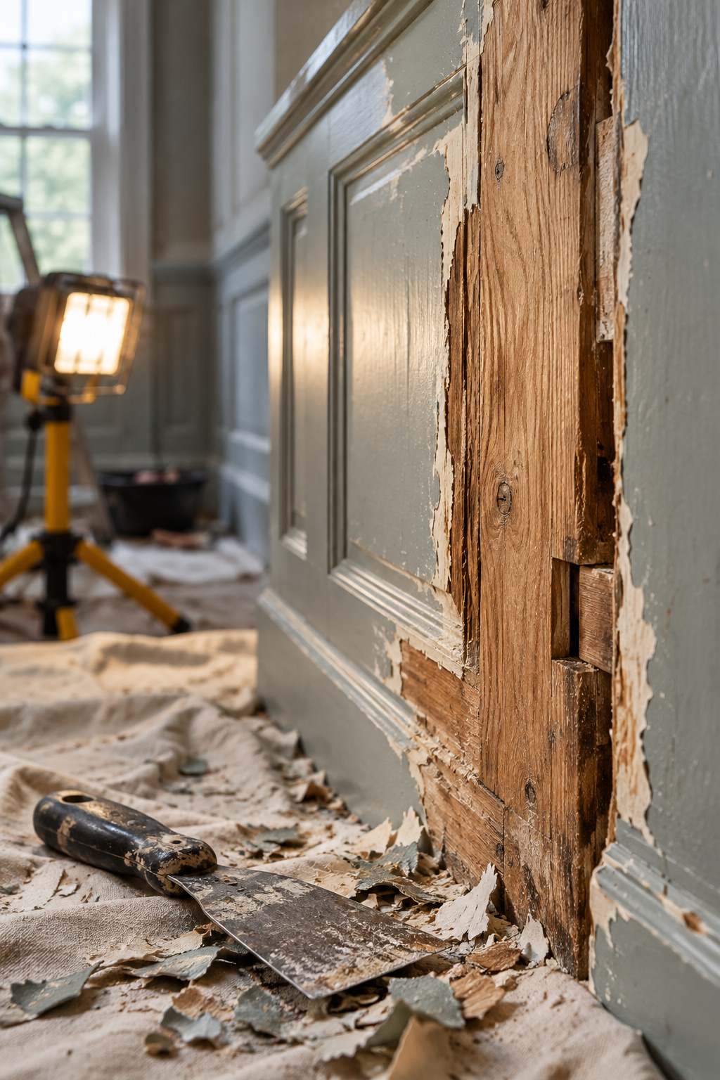 Partially stripped dark wood panelling revealing bare grain and an old mortise joint beneath layers of paint