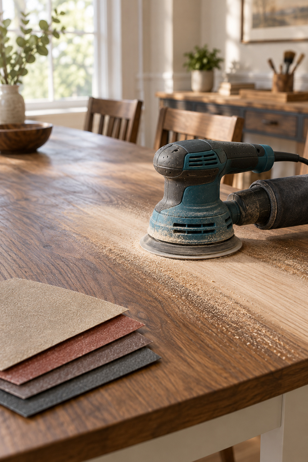 Orbital sander working a bare wood tabletop through a grit progression before staining