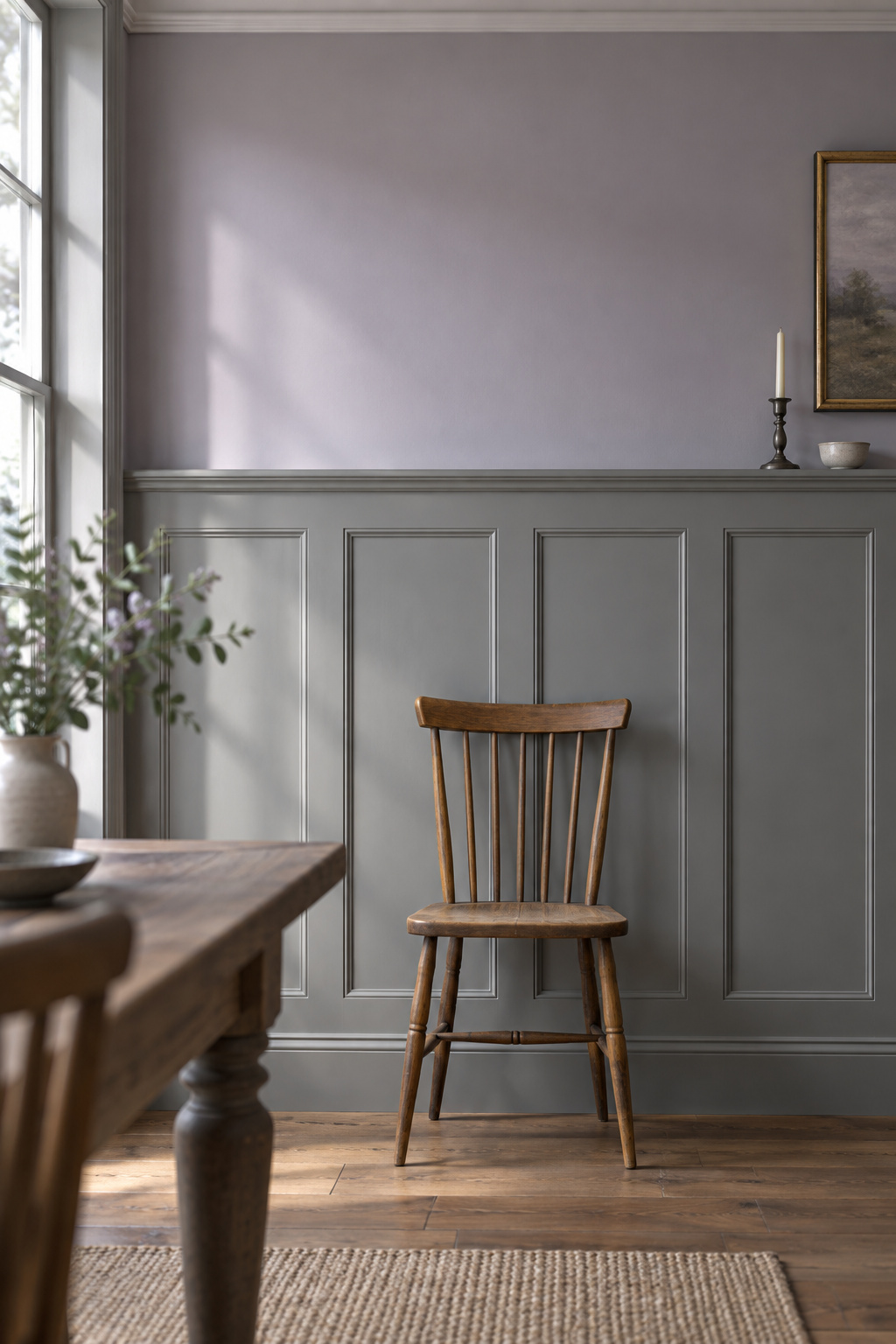 Tall pewter paneling with a slim plate rail on a high dining room wall beside a wooden chair for scale