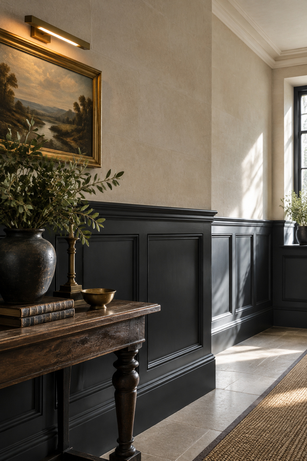 Tall graphite-black Victorian wall panelling capped by a plate rail in an entry hall with pale wall above