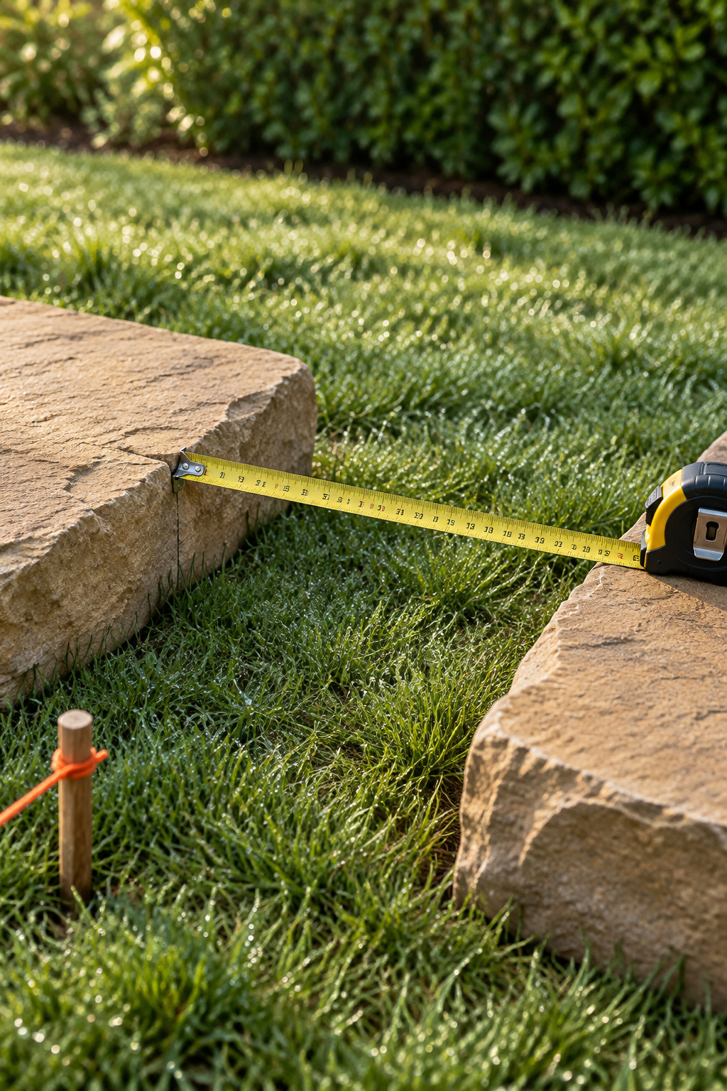 A yellow steel tape measure stretched from the centre of one flagstone to the centre of the next on a lawn