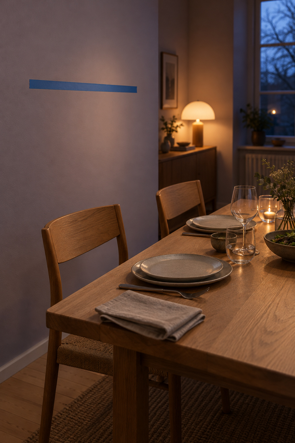 Blue painter's tape marking the planned cap height on a lilac-grey wall behind a set dinner table and pushed-back wooden chairs