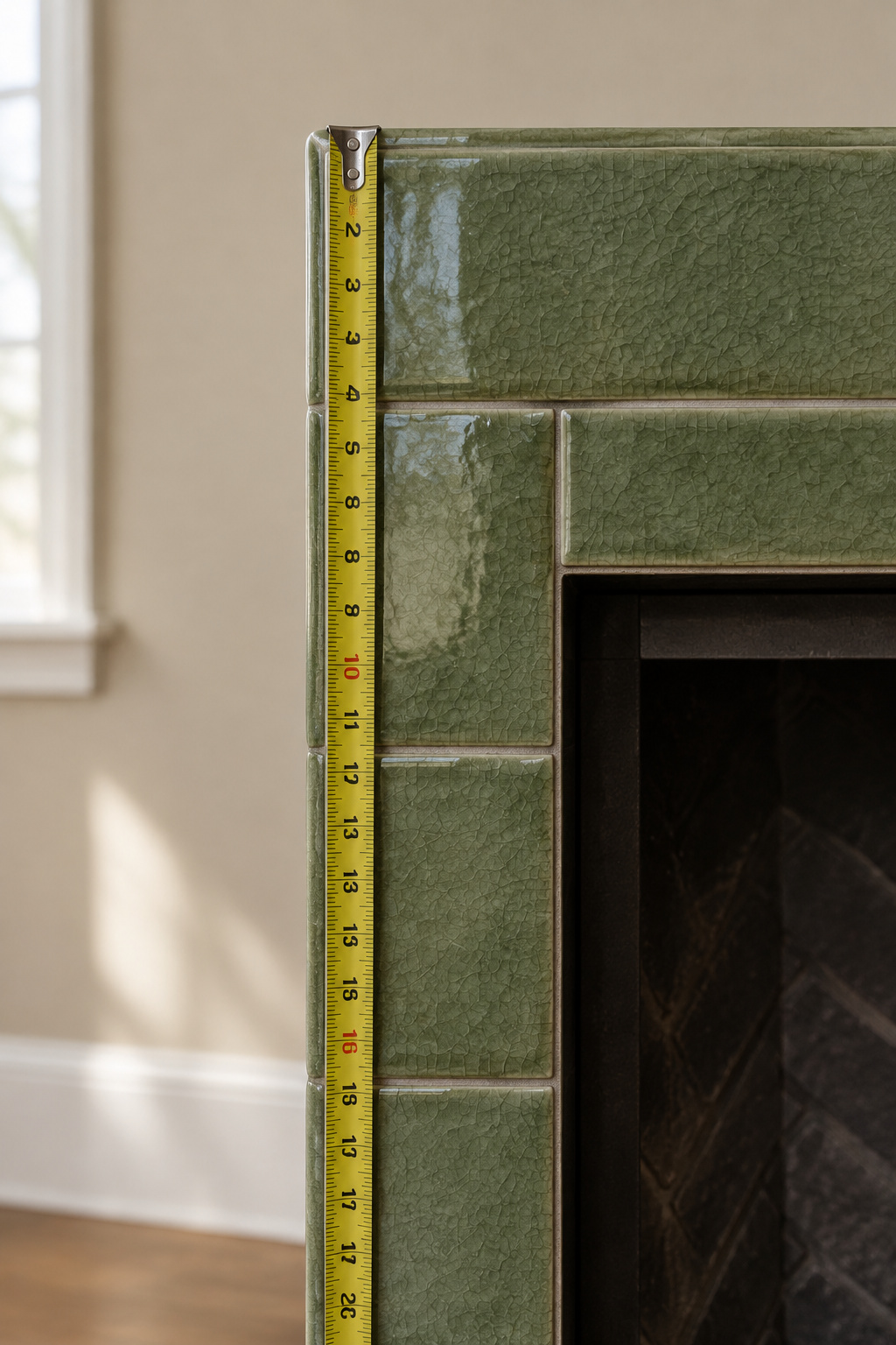 Tape measure held against a green tiled fireplace surround to check clearance from the firebox opening