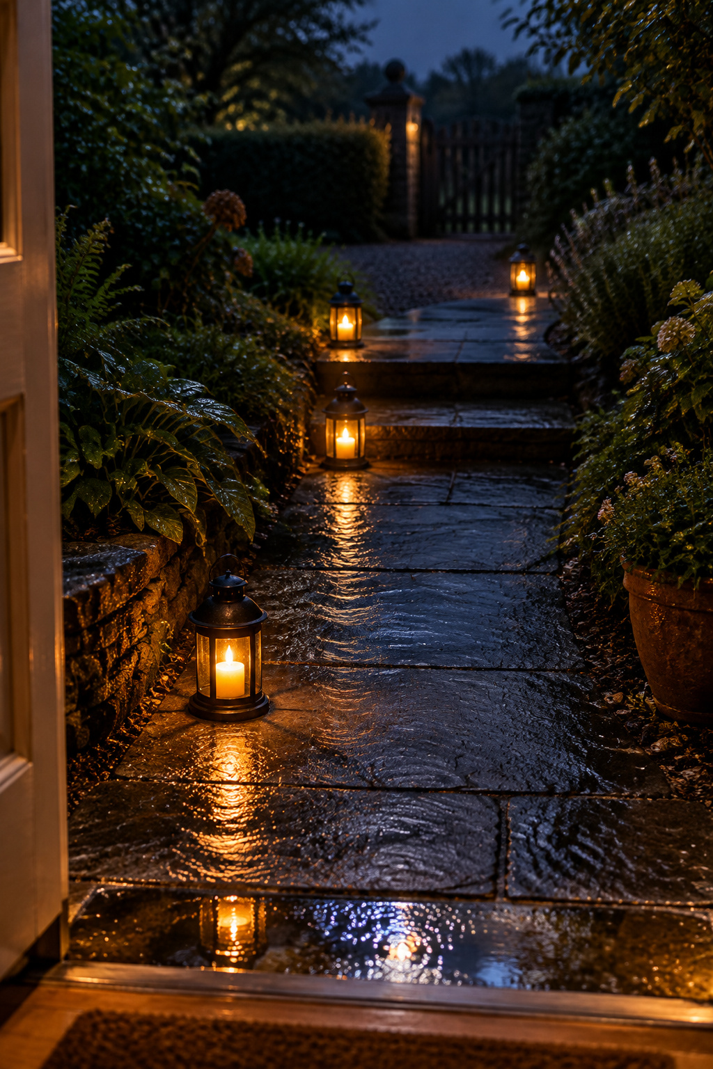 Four small amber lanterns placed on a wet slate garden path at the door, the turn and the steps to test a lighting plan
