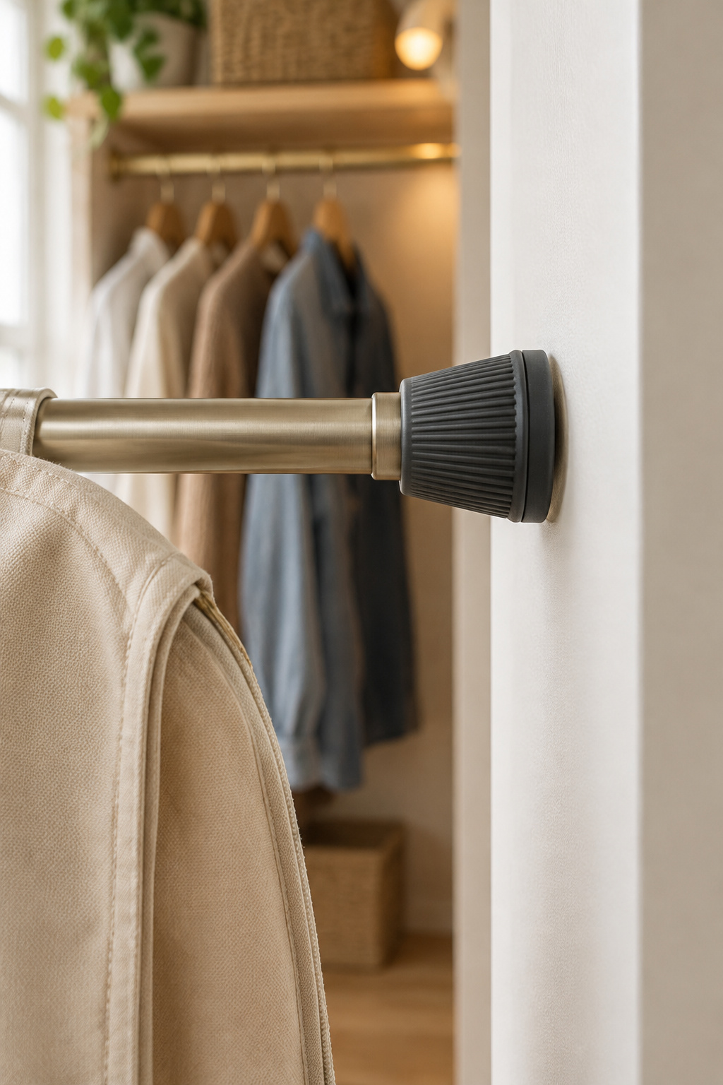 Close-up of a tension rod's rubber end cap resting against an unmarked painted closet wall