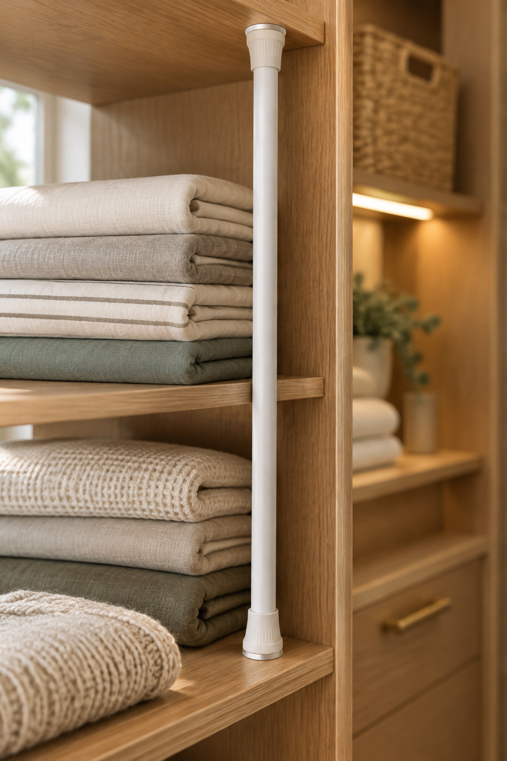 White tension rod dividing folded linens on a closet shelf into two compartments